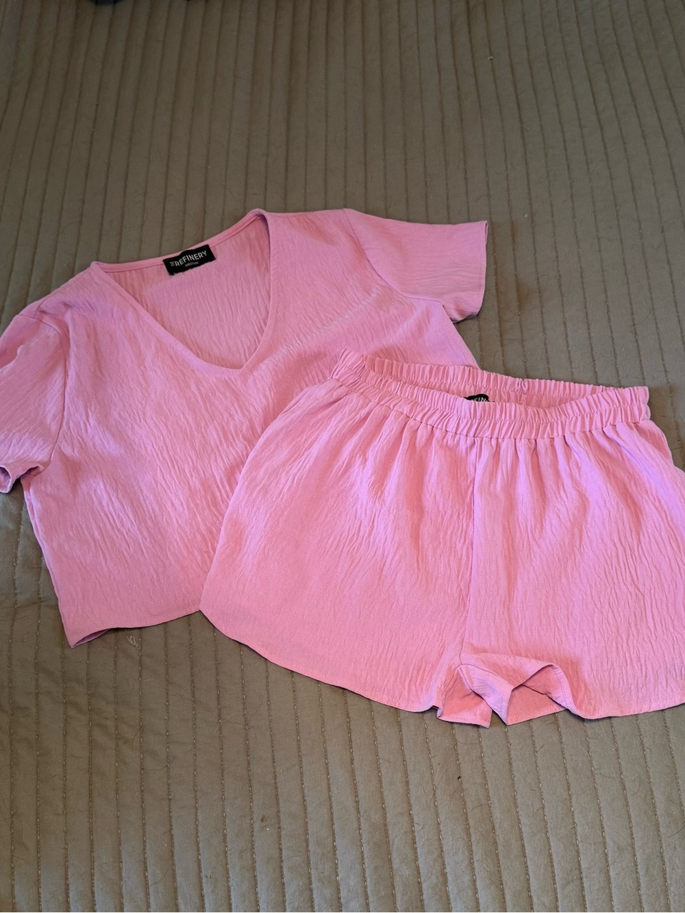 Ellison Pink Crinkled V-Neck Lounge Set - Short Sleeve Top & Elastic Shorts